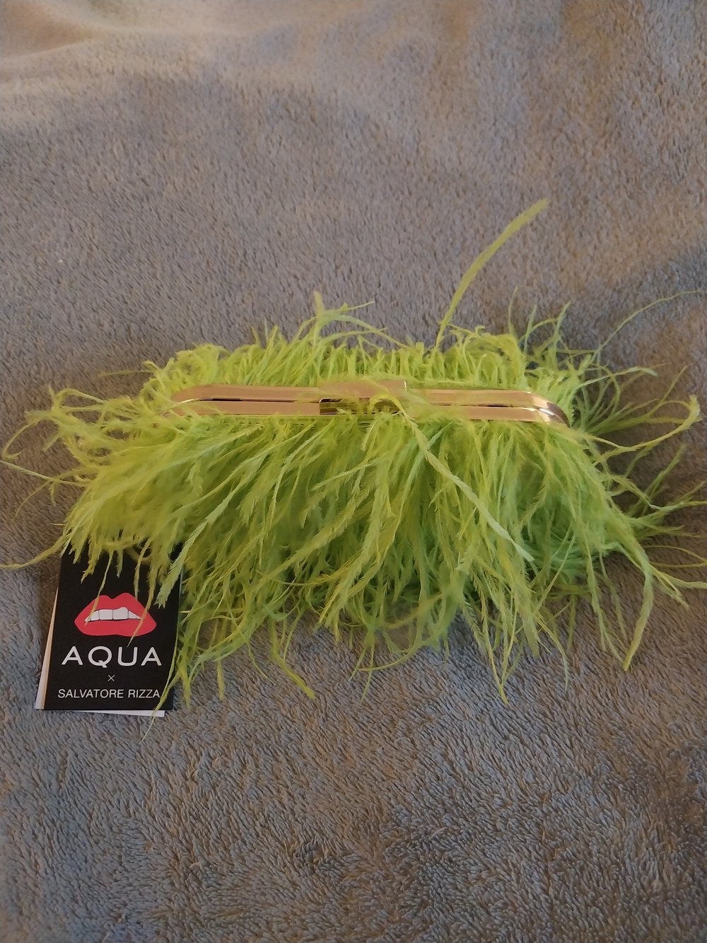 Aqua Neon Lime Feather Clutch with Gold Frame